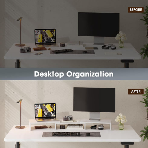 3 DT108008WW FITUEYES Dual Monitor Stand Shelf Computer Monitor Riser, Wood Desktop Stand with Adjustable Length