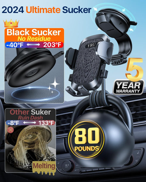 YRU 2024 Ultimate Car Phone Holder Mount with Bendable & Adjustable Aluminum Arm for iPhone 15 14 13 12 Pro Max