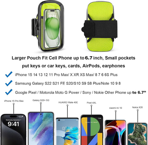 Clear Sports Armband Case for iPhone 15 14 13 Pro Max 12 11 Plus X XS Samsung up to 6.9'', Universal Holder with Key