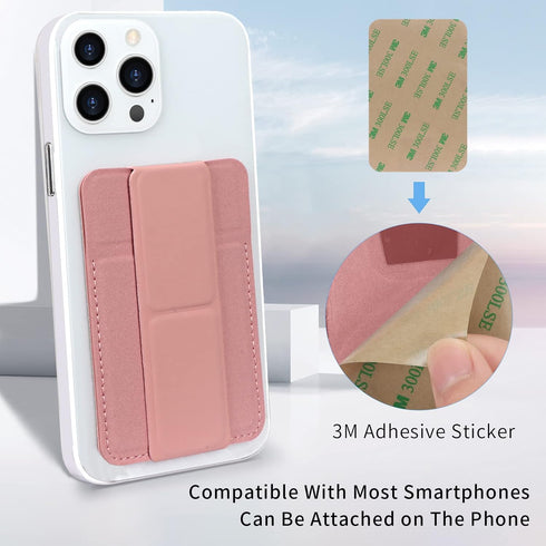 WWW Card Holder with Stand for Phone, PU Leather Credit Card Holder with 3M Adhesive Sticker for Smart Phones, Pink