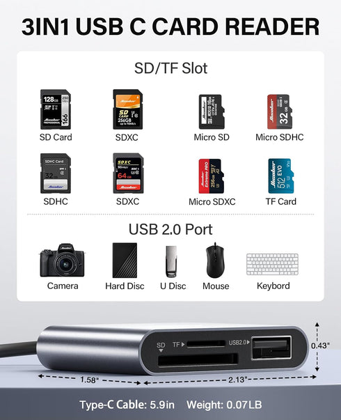 Hicober USB C to SD, Micro SD Memory Card Reader, Type C to SD Card Reader Adapter for MacBook and Android