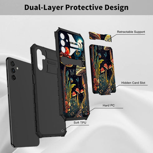 Galaxy A14 5G Phone Case for Samsung A14 5G Wallet Case with Credit Card Holder & Kickstand Dual Layer Hard PC Soft TPU Case for Samsung Galaxy A14 5G 6.6 inch - Mushroom Butterflies Moon