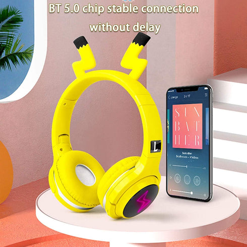 Yellow Kids Bluetooth Headphones, Cartoon Wireless Headphone with Microphone Includes Aux Cord, Volume Reduced Kids Foldable Headest for School, Home, or Travel