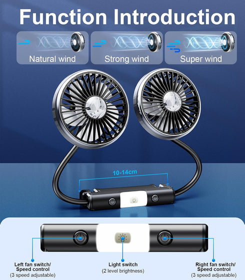 3 360 Hose Car Fan for Backseat Kids with Led Lights - USB Car Seat Fans for Baby - Independent Control Speeds Degree