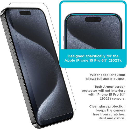 iPhone 15 Pro 6.1" Tech Armor Screen Protector - 9H Hardness, HD, Case Friendly, Ballistic Glass, 3 Pack + Bonus Lens