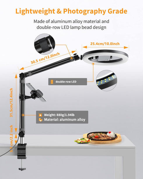Ring Light with Stand and Phone Holder - USB 10'' Ring Light for Desk, Overhead Camera Mount for