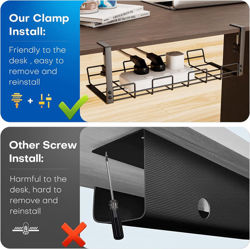 No Drill Under Desk Cable Management Tray, Sturdy Metal Wire Organizer Basket for Home and Office Desks