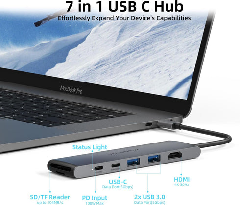 USB C Hub, WALNEW 7 in 1 USB C Docking Station with 4K HDMI,100W PD, 3 5Gbps Data Ports(1 USB-C & 2 USB 3.0),TF/SD Card Reader, USB Hub for Laptop, MacBook Pro/Air/Mac/Dell/HP/ASUS/Acer/Steam Deck