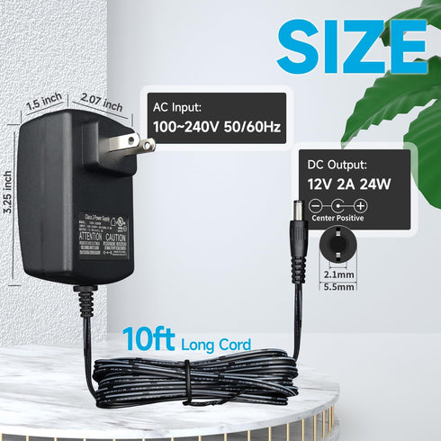 12V 2A 10ft Power Adapter with 8 Tips, 2000mA 24W AC Charger Replacement for LED Strip Light, CCTV Camera, Router