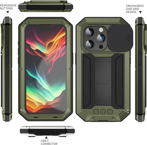 JINGANGYU 15 Metal Heavy Duty Phone Case Compatible with iPhone with Kickstand Built-in Gorilla Glass Lens Slide Camera