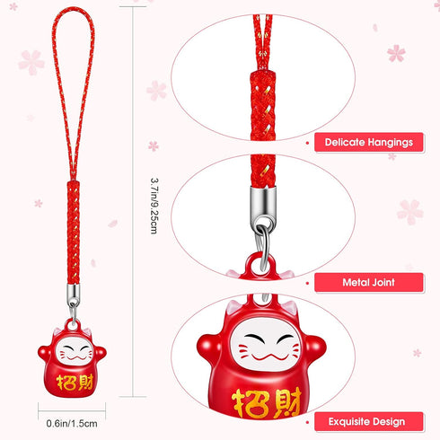 12 Pcs Lucky Cat Keychain Phone Charms, Fengshui Fortune Japanese Beckoning Cat Maneki Neko Pendant for Good Health
