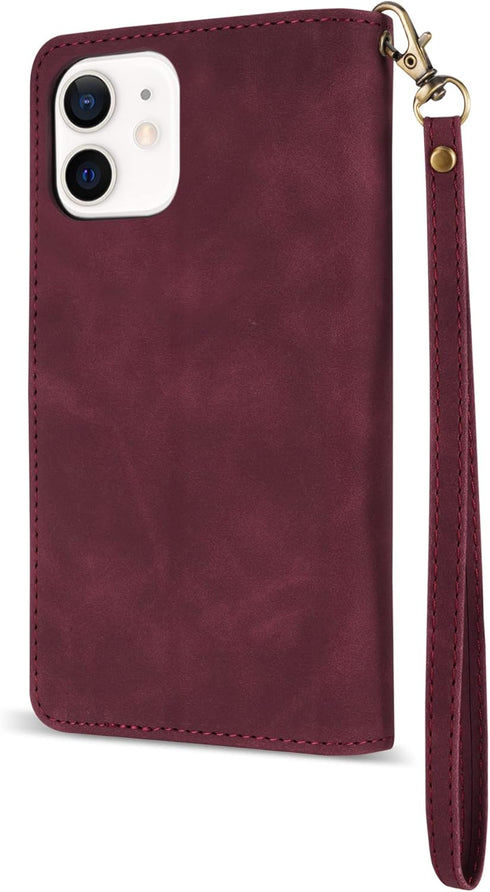 ZZXX Wallet Case for iPhone 12 Pro, Premium Soft PU Leather Zipper Folio with Card Slot, Wine Red 6.1 inch