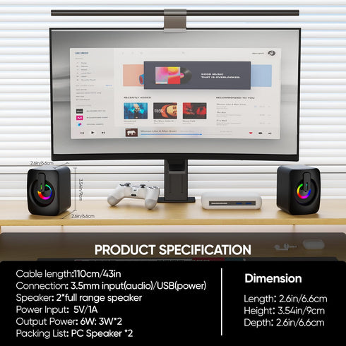 MELOGAGA 7-Color 3.5mm RGB Computer Speakers, USB-Powered PC Speakers with LED Backlight, Aux Compact Soundbar