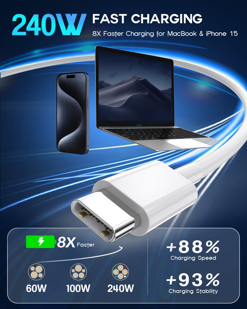 USB C to USB C, 240W USB C Cable, 6.6ft C to C Cable Fast Charging for Macbook Pro/Macbook Air, iPad Pro 12.9-inch, iPhone 15/Pro Max/Pro/Plus, Samsung Galaxy S23,Compatible 140W/100W /65W/45W/35W/20W
