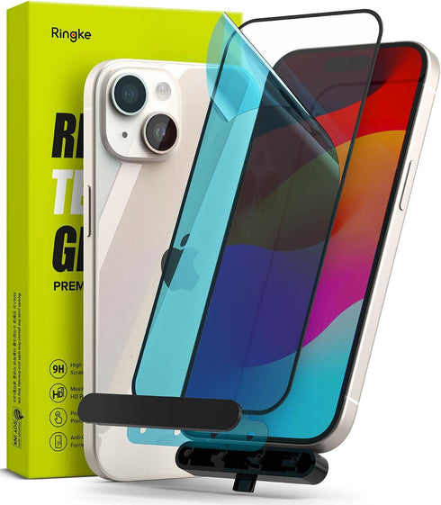 iPhone 15 Plus Screen Protector by Ringke: Shatterproof 9H Tempered Glass, Case Friendly, Easy Install with Tool.