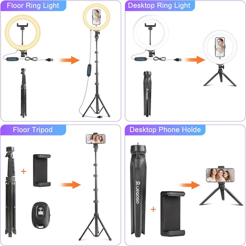 UEGOGO 10'' 72'' Holder38 Dimmable Ring Light with Tripod Stand & Phone Color Modes LED Ringlight for Live Stream