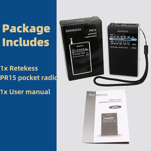 Retekess PR15 Pocket NOAA Weather Radio, AM FM Emergency Portable Radio Powered by AAA Battery (Silver Black)