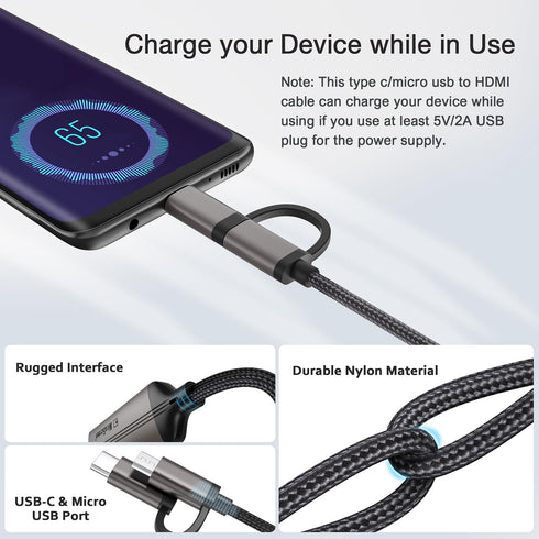 KAMING 2-in-1 USB Type C/Micro USB Android Phone to TV HDMI Cable, MHL to HDMI Adapter 1080P HD
