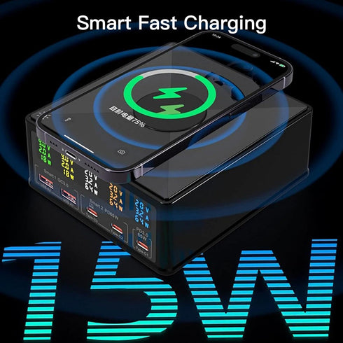 USB Charger Station Multi Port: Desktop 160W Power Fast Charging Hub Wall Block PD 3.0 – 5 Ports with Wireless Pad &
