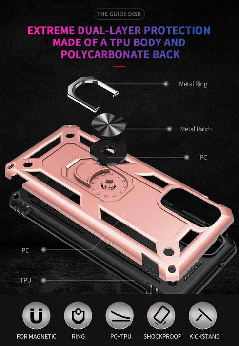 ADDIT Samsung S20 FE Case, Heavy Duty Military Grade with Kickstand Ring & Magnet Car Mount - Rose Gold