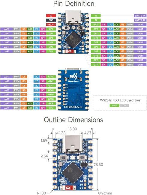Waveshare ESP32-S3 Mini Development Board, ESP32-S3FH4R2 Dual-Core Processor, 240MHz, 2.4GHz Wi-Fi & Bluetooth 5