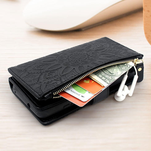 Harryshell Floral Leather Case Wallet with Detachable Magnetic Zipper, Cash Pocket, 12 Card Slots, Wrist Strap for