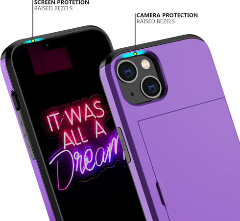 Nvollnoe Purple iPhone 13 Case, Heavy Duty Protective Dual Layer Shockproof Hidden Card Slot Slim Wallet Case