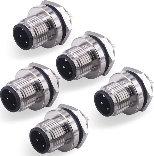 M12 4 Pin Male Aviation Panel Mount Connector, Lonlonty 12mm Waterproof Chassis Panel Back Mount Socket (5PCS)