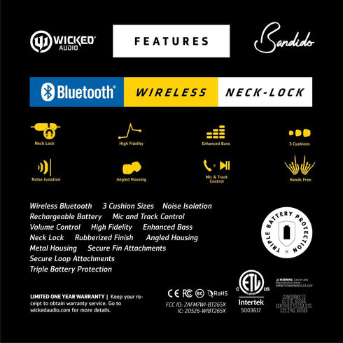Wicked Audio Bandido Wireless Bluetooth Earbuds, Microphone and Track Control, Enhanced Bass, Black