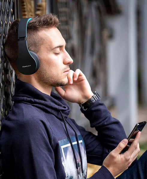 PowerLocus Wireless Bluetooth Over-Ear Stereo Foldable Headphones, Wired Headsets with Built-in Microphone for iPhone, Samsung, LG, iPad (Black/Blue)