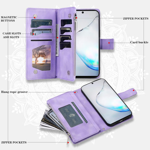 Asuwish Wallet Phone Case for Samsung Galaxy Note 10 5G - Mandala Flower, Zipper Card Holder, Tempered Glass, Purple.