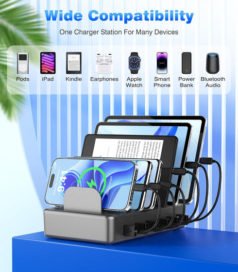 CREATIVE DESIGN 50W Charging Station, 6 Port Multiple USB Charger Station with 6 Cables for iPhone, iPad, Kindle, and