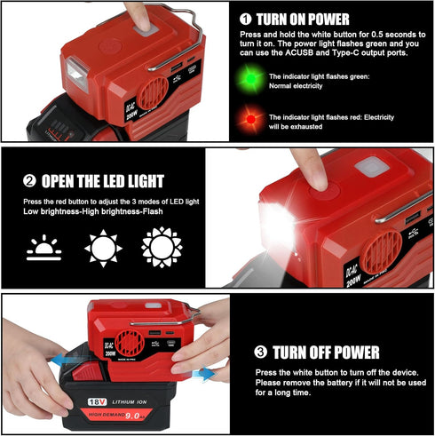 KUNLUN 200W Power Inverter for Milwaukee M18 Battery, DC 18V to AC 110-120V with AC Outlet, USB, Type-C Ports & LED