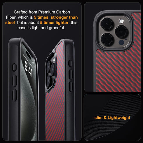 Carbon Fiber Case for iPhone 15 Pro Compatible with MagSafe, Slim & Light, Military-Grade Drop Cover, Black/Red