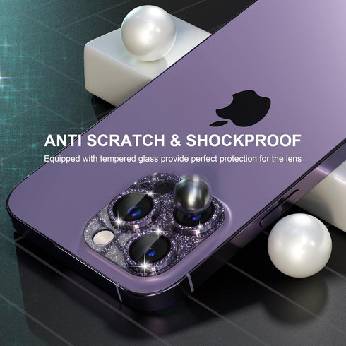 Bling Camera Lens Protector for iPhone 14 Pro/Pro Max - 9H Tempered Glass with Metal Ring, Glitter-Purple.
