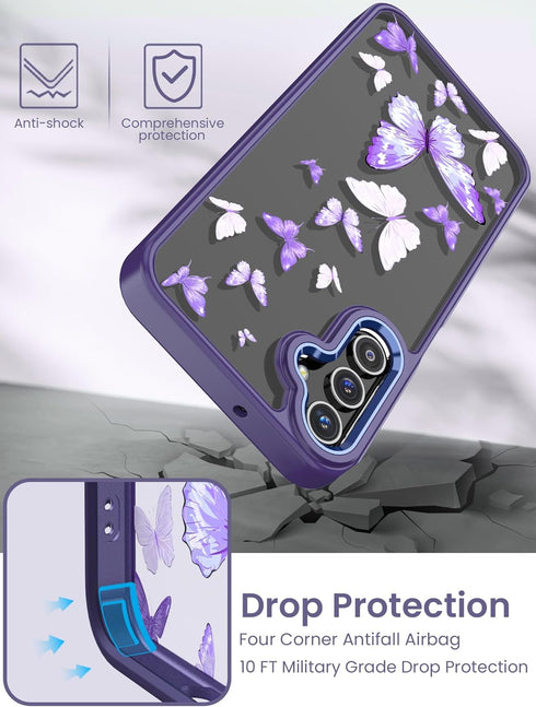 Shop Samsung A15 5G Case with Tempered Glass Protector, Military Grade Slim TPU & Hard PC, Purple Butterfly Design.
