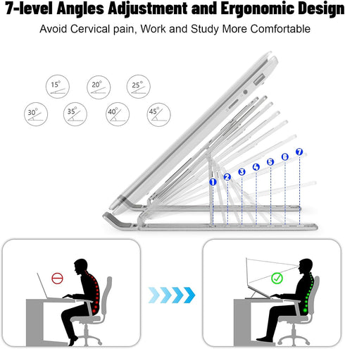 Laptop Stand, 7 Angles Adjustable Laptop Holder Riser Computer Tablet Stand, Aluminum Ergonomic Foldable Portable Desktop Holder, Ventilated Cooling Notebook Stand for 10-18”Laptops Tablet, Silver