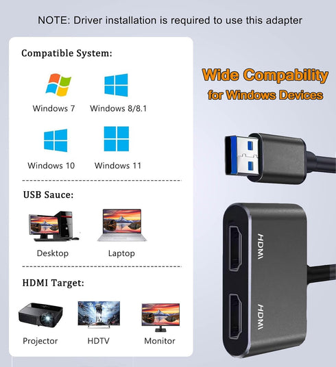 AKWOR 2 3.0 1920 1080P@60HZ USB to HDMI Adapter for Monitors, USB to Dual HDMI Adapter * Full HD Audio Video Graphics