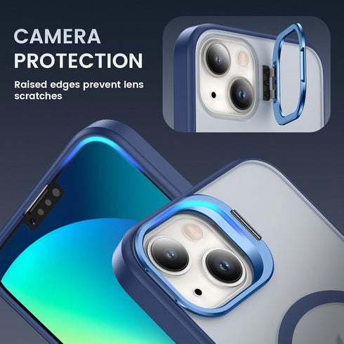 Ruky Translucent Magnetic Case for iPhone 13/14, 6.1", with Privacy Screen Protector & Metal Kickstand, Blue, MagSafe