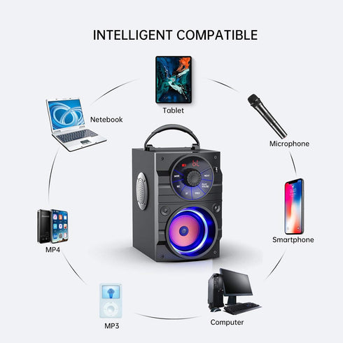 Portable Big Bluetooth Speakers with Light, Wireless with Subwoofer, FM Radio, LED Lights, Booming Bass for Home,
