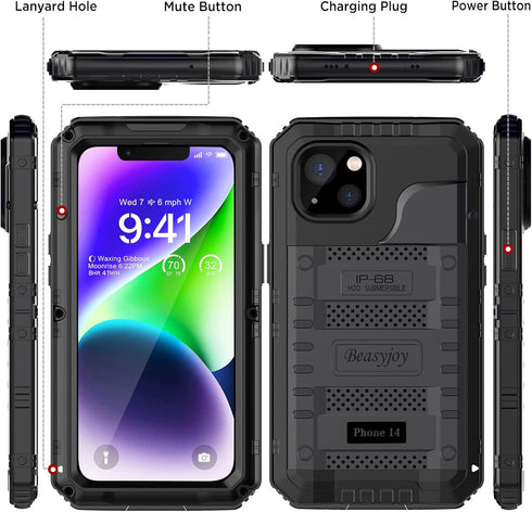 Beasyjoy iPhone 14 Case Waterproof, Heavy Duty Metal Full Body Protective Case with Built-in Screen Protector, Military