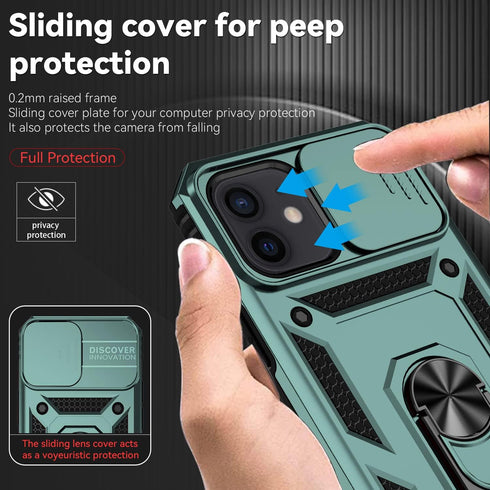 iPhone 12 Mini Case with Camera Lens Cover, Dual Layer Military Grade Drop Protection, Magnetic Ring Holder