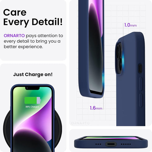 ORNARTO iPhone 14 Case 6.1, Slim Liquid Silicone 3 Layers Full Phone Covered Soft Gel Rubber Protective Cover 6.1 Inch