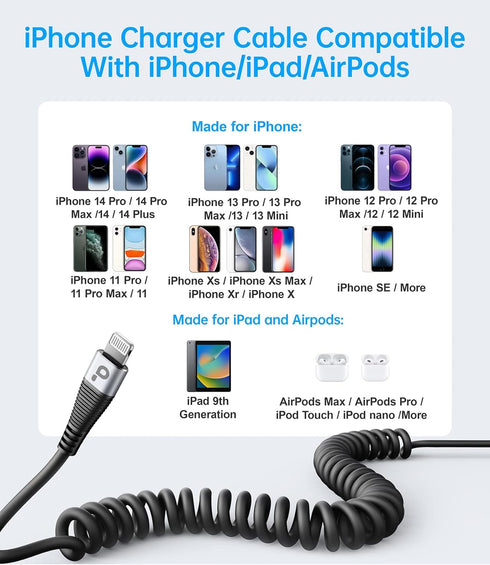Coiled Lightning Cable 3ft, 2 Pack - Apple MFi Certified Charger for iPhone 14/13/12/11 Pro Max, iPad, CarPlay.