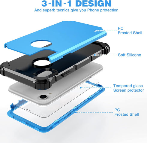 IDweel for iPhone XR Case with Tempered Glass Screen Protector, 3 in 1 Shockproof Slim Hybrid Heavy Duty Case, Sky Blue