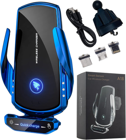 Wireless Car Charger Mount, 15W Fast Charging, Auto Clamping, Compatible with All Android, Blue