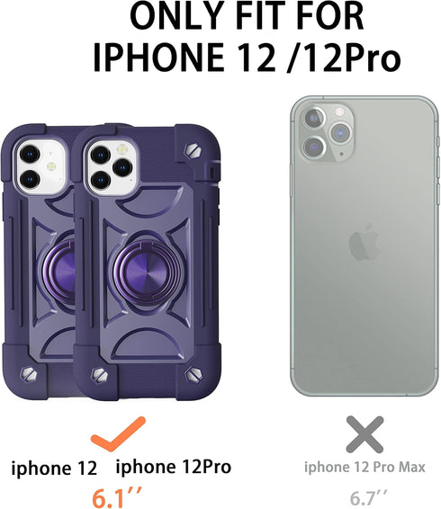 iPhone 12/iPhone 12 Pro Case 6.1" - Heavy-Duty Rugged Cover with Ring Stand + 2 Glass Screen & Camera Lens Protectors.
