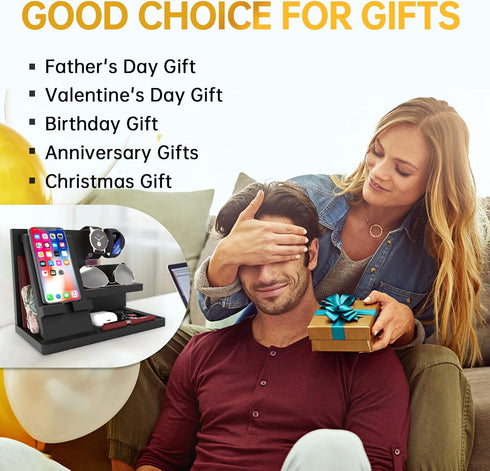 Gifts for Men Desk Organizer, Wooden Phone Docking Station for Key Wallet Holder, Watch Organizer for Birthday Gifts