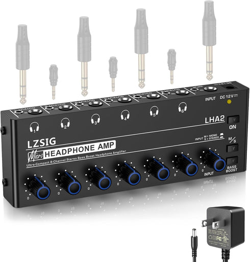 LZSIG Headphone Amplifier 6 Channel Metal Stereo Audio Amplifier, Mini Earphone Splitter with Power Adapter, TRS