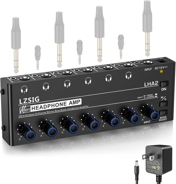 LZSIG Headphone Amplifier 6 Channel Metal Stereo Audio Amplifier, Mini Earphone Splitter with Power Adapter, TRS